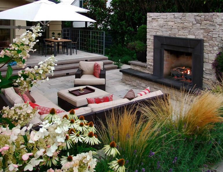 Outdoor living space using natural stones like Fond Du Lac.