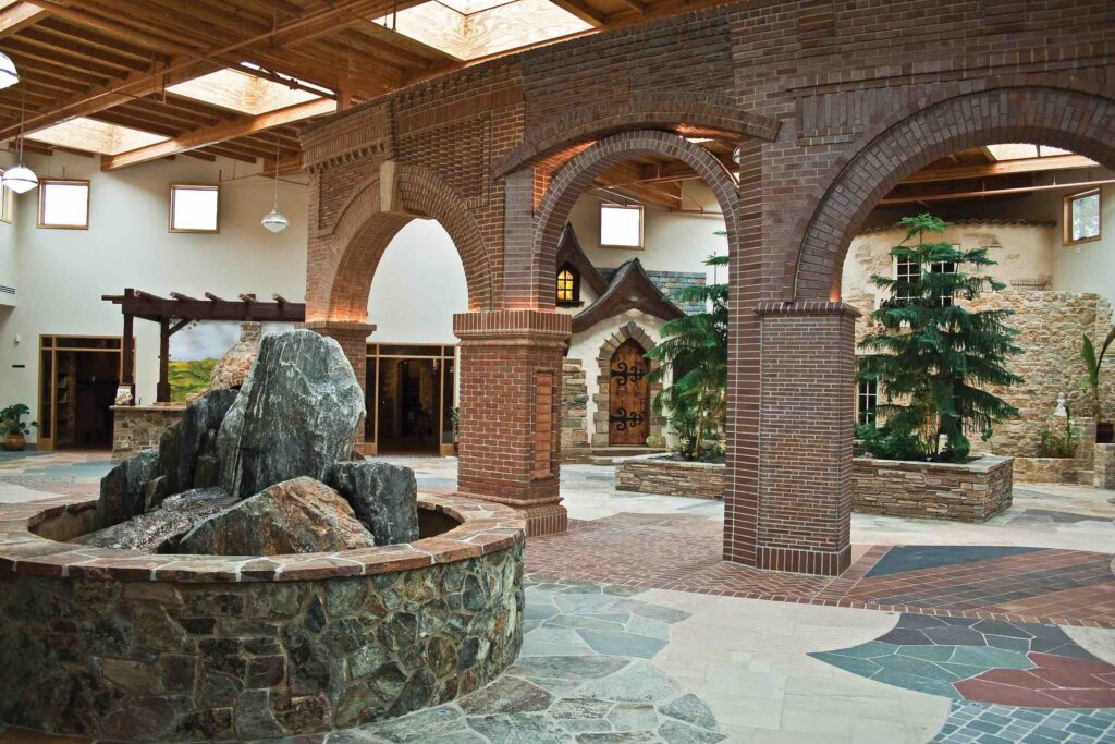 PBM brick showroom featuring brick columns and brick archways
