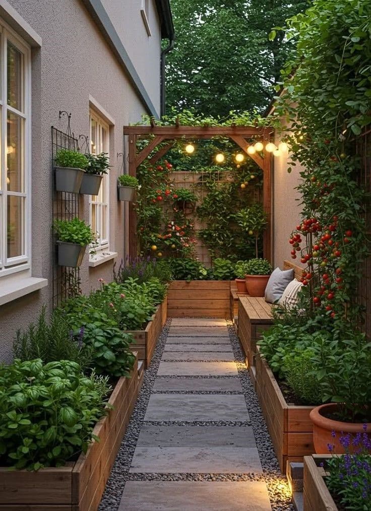 Sleek side yard with concrete pavers, gravel fill, and raised wooden planter boxes filled with herbs and vegetables under string lights.
