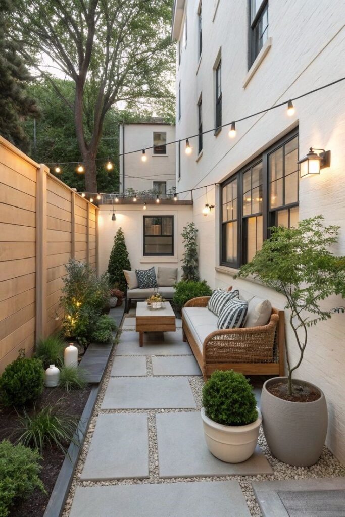 Modern side yard with oversized concrete pavers, string lights, and outdoor seating lounge.