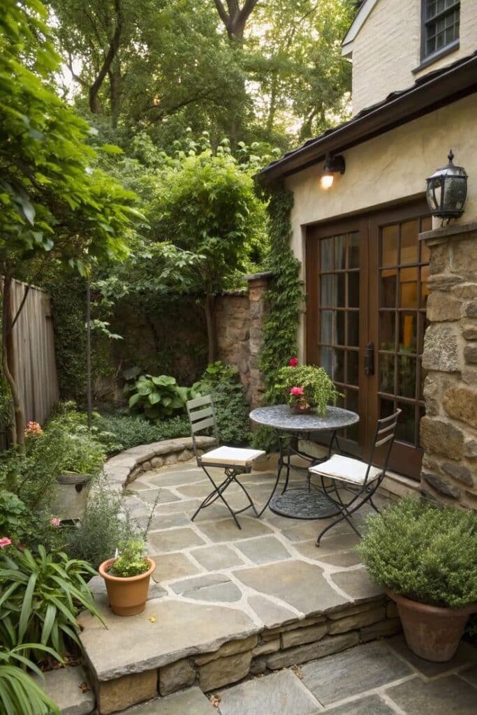 Quaint stone patio with café table and chairs surrounded by lush foliage and ivy-covered walls.