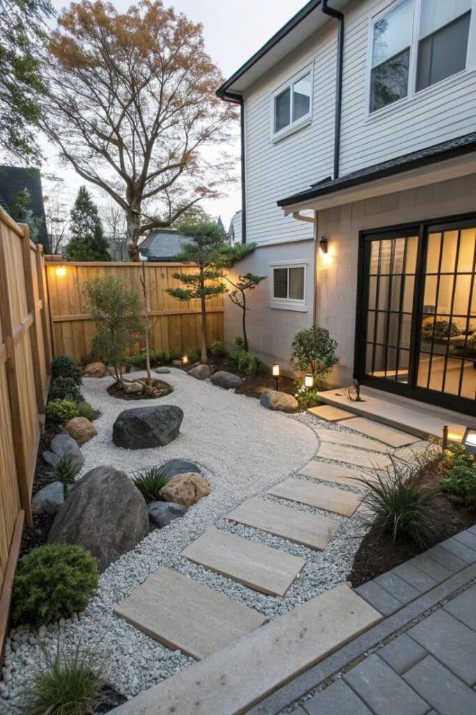 Japanese-inspired minimalist side yard with white gravel, large stepping stones, and accent boulders.