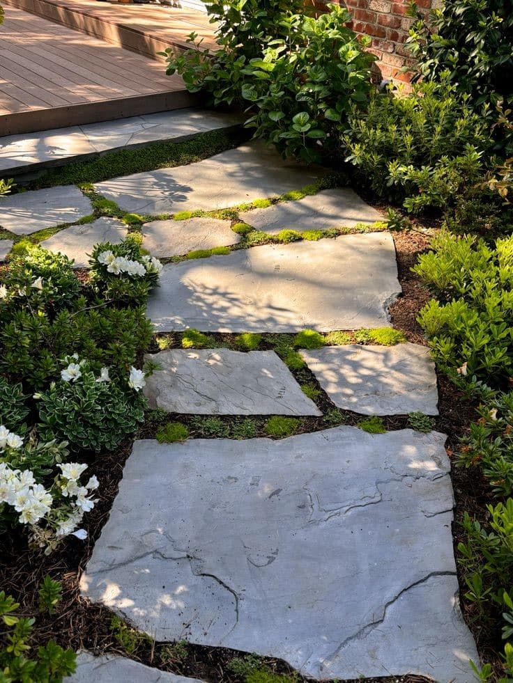 Natural flagstone garden path with moss-filled joints and surrounding shrubs, leading to a wooden deck.