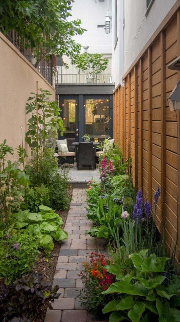 Vibrant garden walkway with tumbled brick pavers leading to a small patio and dining area.