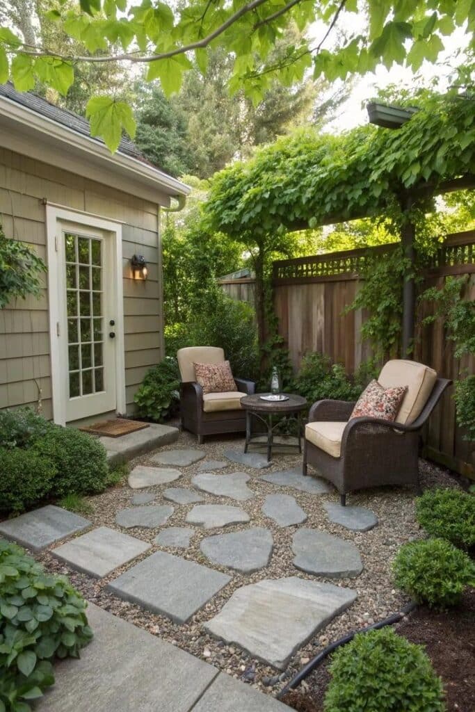 Cozy flagstone patio with wicker chairs and garden greenery in a compact backyard retreat.