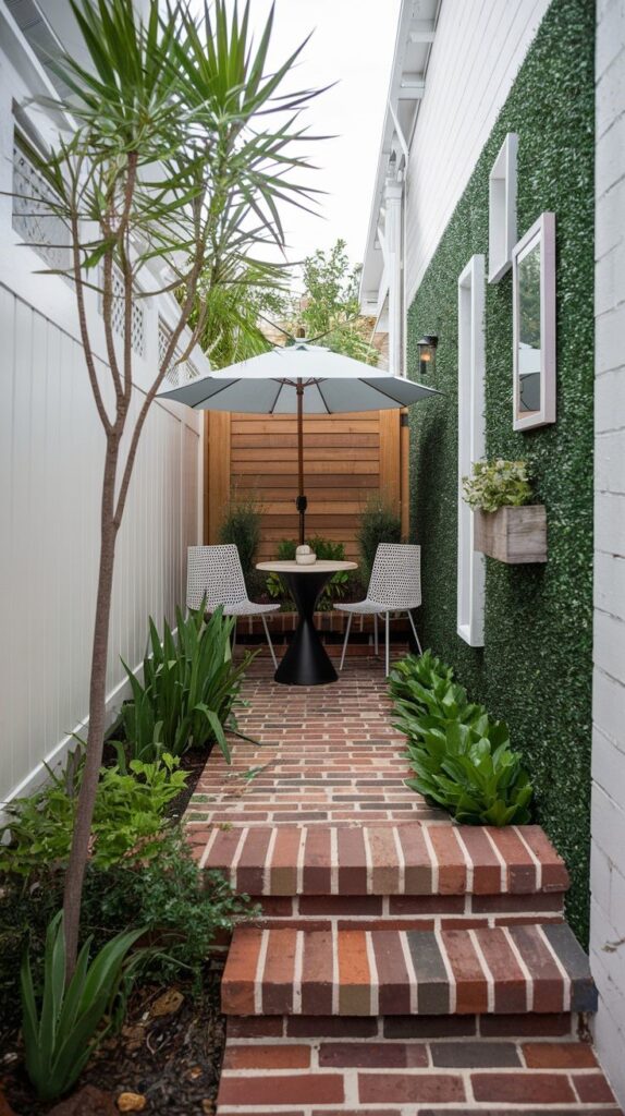 Narrow brick patio with red brick stairs, white outdoor furniture, and modern privacy fencing.