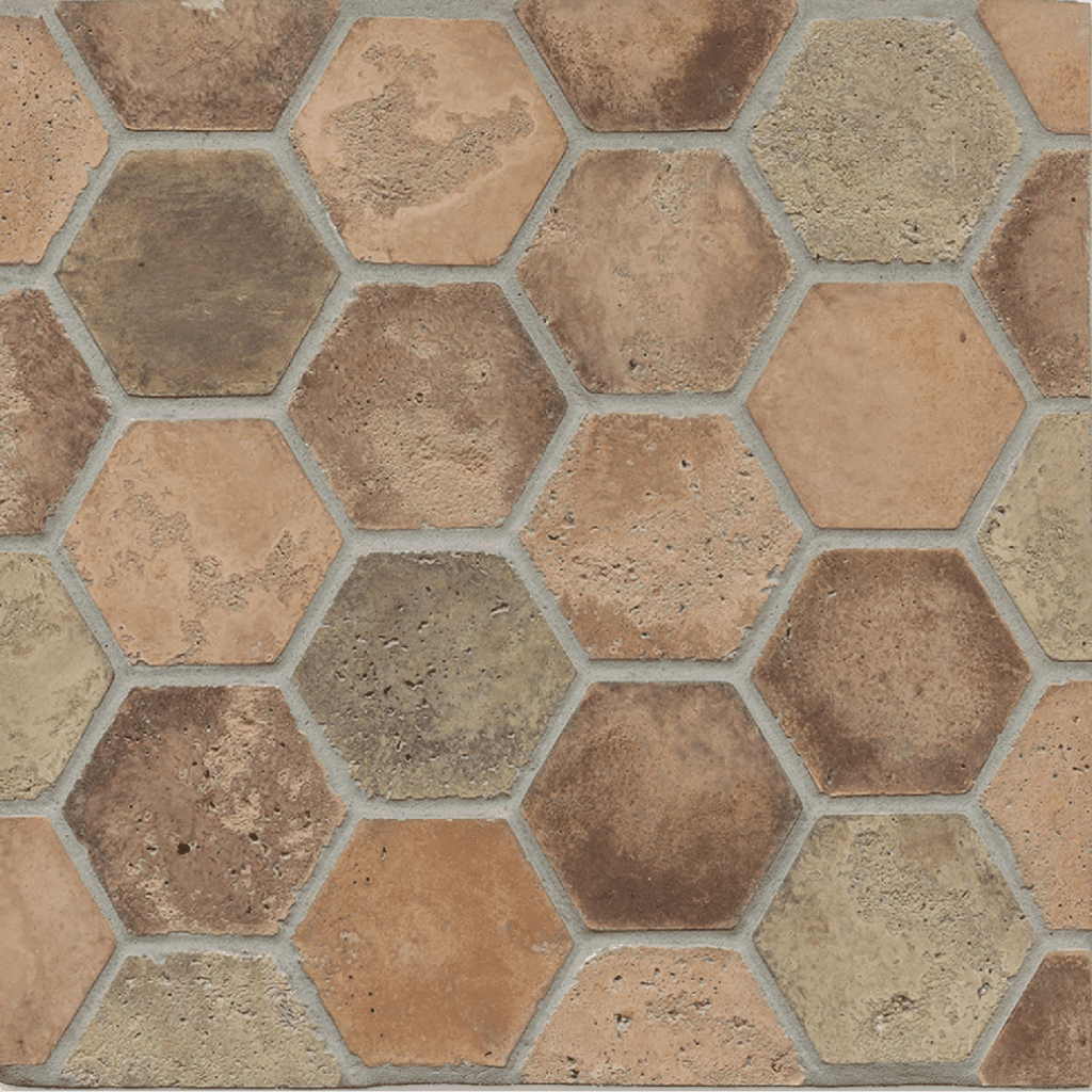 Hexagon concrete floor tiles in warm earth tones installed in a traditional interior setting