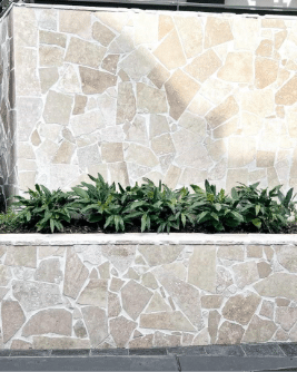 Light-colored flagstone used on a multi-level garden terrace wall with green plants.