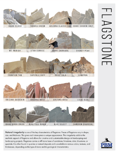 Sample palette of various flagstone colors including Idaho Silver, Tundra Cream, Arizona Classic Oak, and others, showcasing natural stone variety.