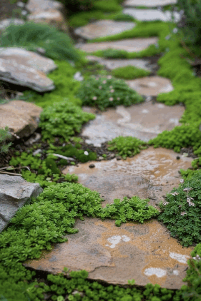 Close-up of a natural flagstone garden path with irregular stones and lush green foliage, demonstrating organic landscape design.