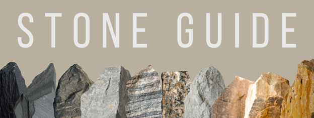 Stone Guide banner featuring a lineup of various natural stone types from PBM
