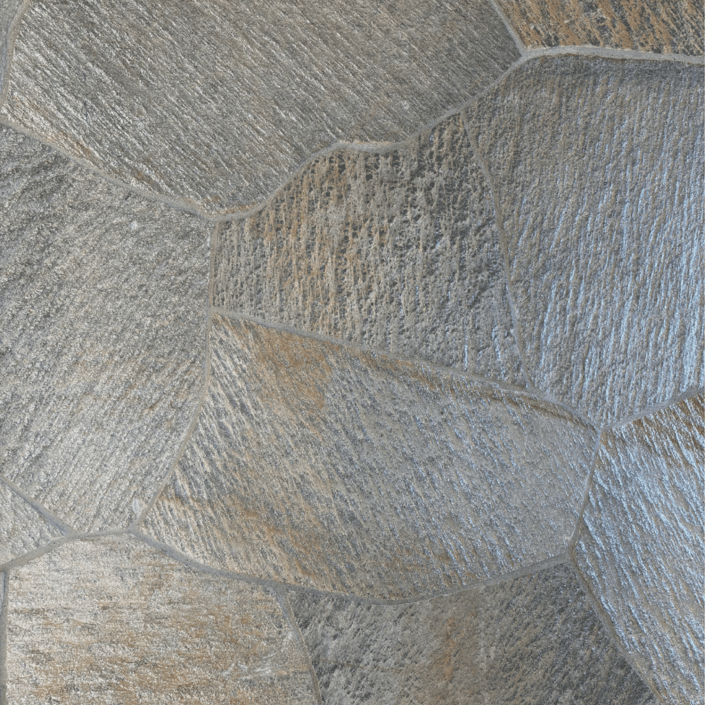 Close-up of Idaho Silver Quartzite Flagstone with metallic mica shimmer and medium gray tones in an irregular pattern