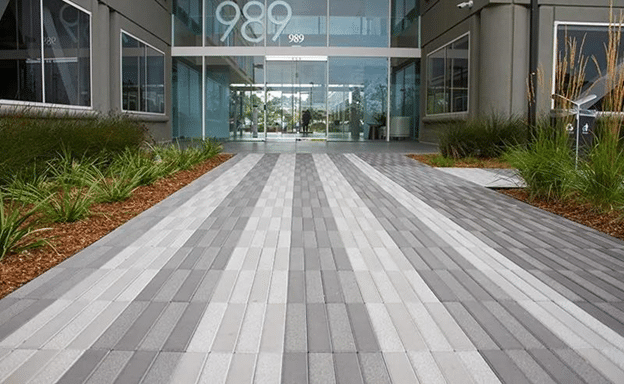 Linear permeable plank pavers in alternating gray tones at a commercial building entry.