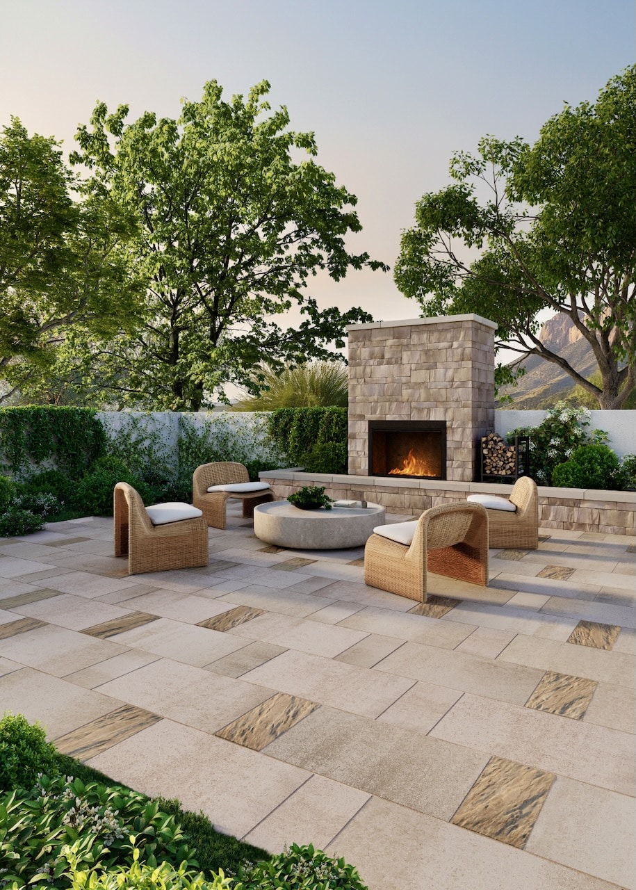 Modern outdoor patio with Techo-Bloc pavers, built-in fireplace, and lounge seatin