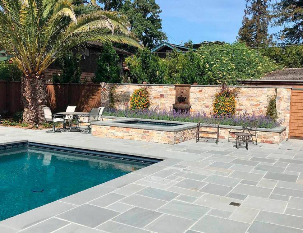 Natural Stone: Stanford Blend and Bluestone Caps and pool Paving